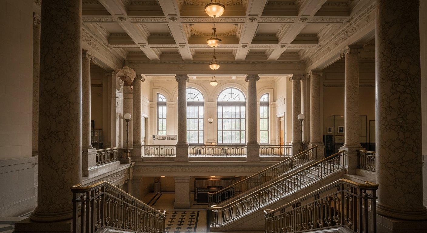 The historic Carnegie building interior — marble columns and grand staircase