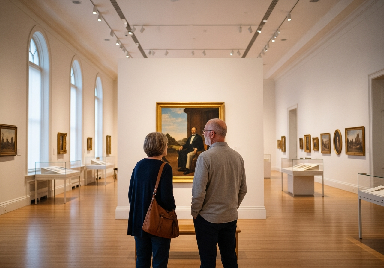 Visitors admiring a painting in the gallery